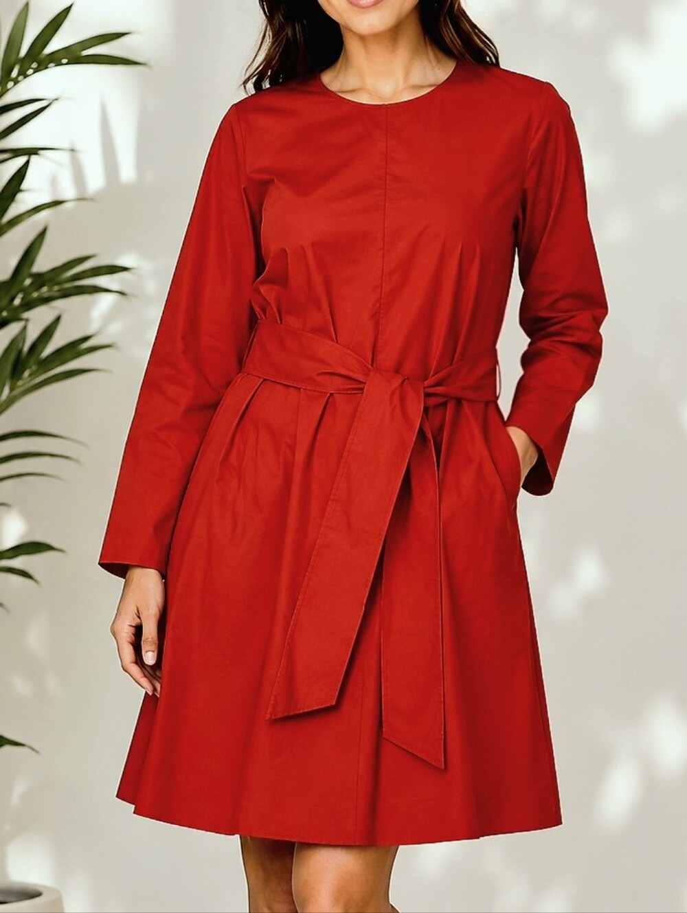 COS Cotton Red Midi Tie-Waist Dress